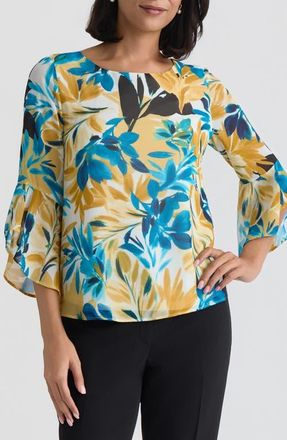 Kasper Floral Print Ruffle Sleeve Top in Butterscotch Multi at Nordstrom, Size X-Large P