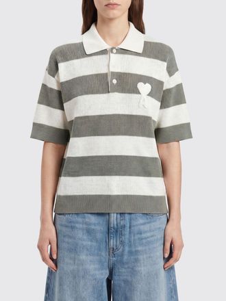 Ami Polo in maglia di cotone a righe con logo