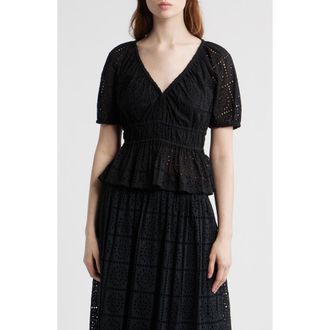 Rails Argenta Cotton Eyelet Peplum Top in Black Grid Embroidery at Nordstrom, Size Xx-Small