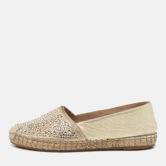 Le Silla Metallic Gold Leather Crystal Embellishments Espadrilles Flats