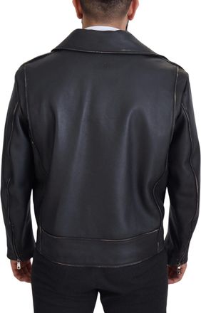 Dolce & Gabbana Mens Black Leather Biker Coat Zipper Jacket Clothing