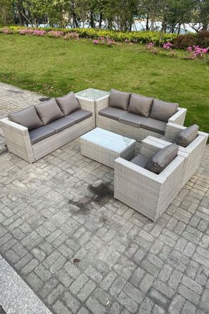 Fimous 6 PC Light Grey Outdoor PE Rattan Garden Furniture Set Wicker Sofa Coffee Table 2 Armchair