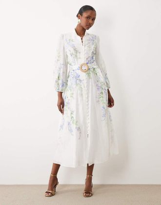 Forever New Vestito midi bianco a fiori con maniche a palloncino, bottoni e cintura-Multi