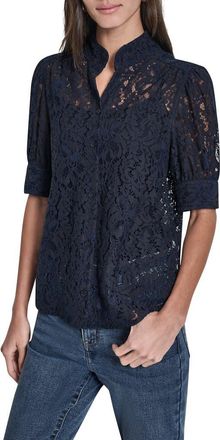 DKNY Puff Sleeve Lace Button Front Shirt in Peacoat at Nordstrom Rack, Size X-Large