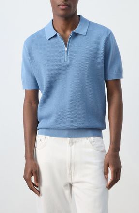 Mango Solid Cotton Waffle Zip Polo Sweater in China Blue at Nordstrom, Size Medium
