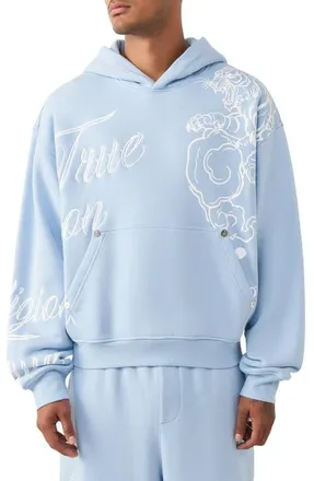 True Religion Tiger Script Boxy Hoodie in Blue Bell at Nordstrom, Size Xxx-Large