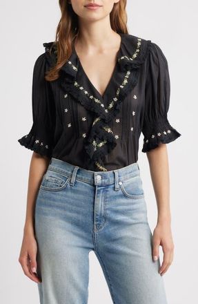 Dôen Hettie Embroidered Ruffle Organic Cotton Top in Black at Nordstrom, Size X-Small