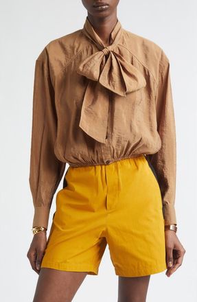 Saint Laurent Gathered Taffeta Tie Neck Top in Caramel at Nordstrom, Size 40