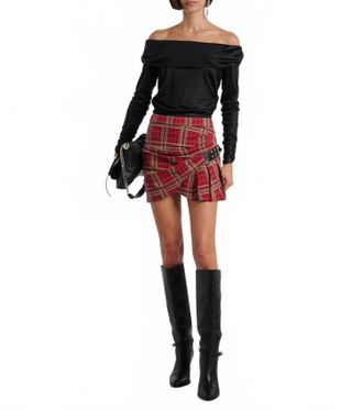 Isabel Marant Gisen Belt Detailed Drape Mini Skirt In Red Plaid