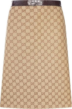 Gucci GG CANVAS MIDI SKIRT WITH CAIMAN LEATHER INSERTS - Gucci - Woman