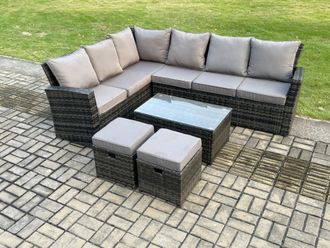 Fimous 8 Seater Outdoor Furniture Garden Dining Set Rattan Corner Sofa Set with Rectangular Coffee Table 2 Small Footstools in Dark Grey