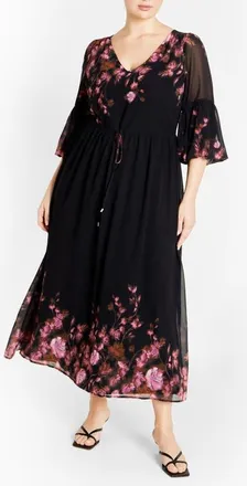 City Chic Frances Floral Semi Sheer Sleeve Maxi Dress in Black Floral at Nordstrom