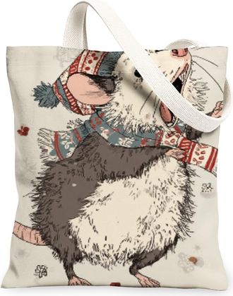 Generic Cute Animal Canvas Tote Bags, Adorable Mouse Design Reusable Grocery Bags, Winter Fun Lightweight Washable Shoulder Strap C, Beige, 13x15 Inch