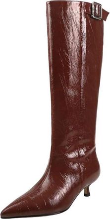 Generic Womens Plus Size Pointed Toe Medium Heels Riding Boots Winter Shoes Belt Buckle Knee-High Boots