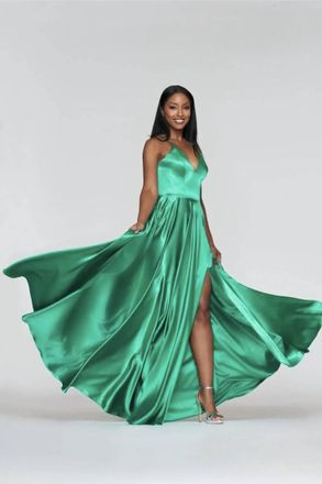 Faviana Lace Up Back Prom Maxi Dress In Emerald