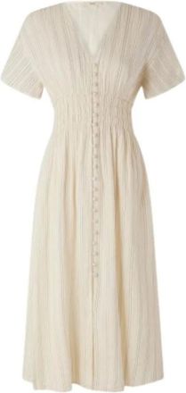 Sessun Midi Jurk met Knoopsluiting en Smocked Taille - Dames - Casual kleedjes - Beige - L - Katoen - Kleedjes