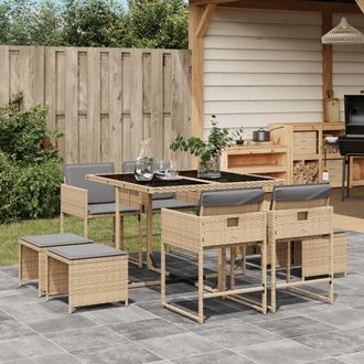vidaXL Set Comedor De Jard&iacute;n 9 Pzas Con Cojines Rat&aacute;n Sint&eacute;tico Beige Vidaxl