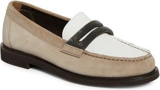 Brunello Cucinelli Monili Trim Mixed Media Penny Loafer in C5859 Dark Beige at Nordstrom, Size 7.5Us