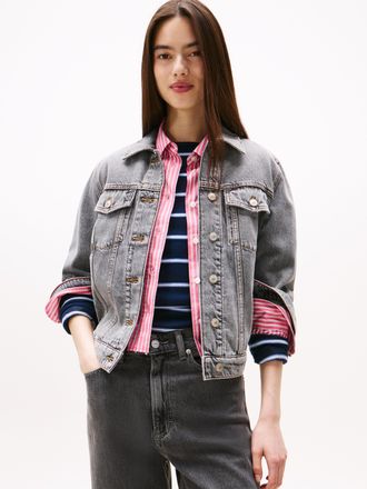 Tommy Jeans Jeansjacke TOMMY JEANS CLSSC TRCKR JCKT RWB EXT DI6078, Damen, Gr. XXL (44), blau (denim grau), Denim/Jeans, Obermaterial: 100% Baumwolle, unifarben, 