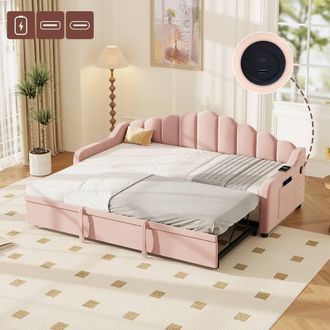 Matteo 3ft Single Velvet Daybed - Pull-out Trundle, Charging Station, Pink