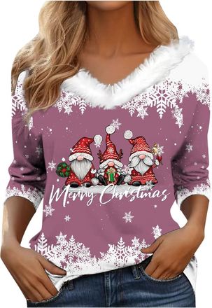 Generic Ladies Christmas Jumpers,Women Christmas Tree Jumpers Funny Snowflake Print Faux Fur Trim Graphic Sweatshirts V Neck Long Sleeve Novelty Hoodies Xmas 