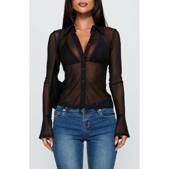 Princess Polly Two of Us Sheer Long Sleeve Shirt in Black at Nordstrom, Size 10