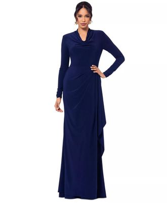 Betsy & Adam Womens Cowlneck Draped Long-Sleeve Gown In Blue