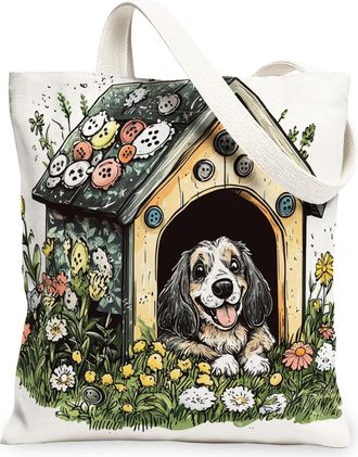Generic Spring American Cocker Spaniel Dog Canvas Tote Bag for Shopping 13x15, Fun Flower Puppy Kennel Reusable Grocery Print Pattern Bag for Women, Cute Pet 
