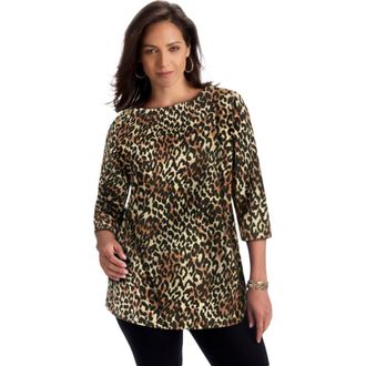 Jessica London Stretch Cotton Boatneck Tunic in Mocha Painted Cheetah at Nordstrom, Size 40