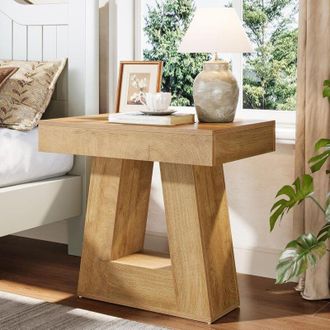 Tribesigns Tribesigns Mesita De Noche Moderna De 2 Niveles, Mesita De Noche De Madera Con Base Trapezoidal, Mesa De Noche Peque&ntilde;a Con Acabado De Grano De Madera 