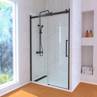 Aurlane Mampara Corredera industrial 120x200 Perfil Negro Y Plato Ducha Blanco + Columna Ducha Termost&aacute;tica