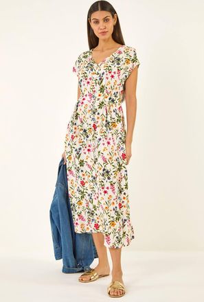 Roman Floral Print Textured Midi Dress