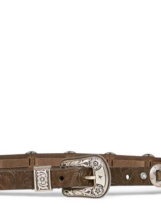 Golden Goose Womens Belt Thin Lace Embossed Calf Leather Green