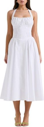 House of CB Adabella Floral Pleated Halter Sundress in White at Nordstrom, Size X-Small D