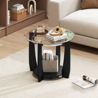 Costway Costway Rolling Glass Round Coffee Table 2-Tier Cocktail Table w/Storage Shelf in Black