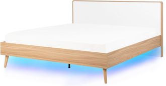 Beliani Beliani - Letto Marrone Chiaro Testiera Bianca A Doghe Con Luci Led 160 X 200 Cm Serris