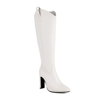 Generic Womens Square Pointy Toe Knee High Boots PU Leather Long Boot with Side Zipper Block High Heel Party Prom Shoes,White,3.5 UK