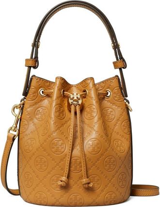Tory Burch Mini T Monogram Debossed Bucket Bag in Tan at Nordstrom