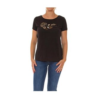 Pepe Jeans London T-Shirts, female, Black, XS, Black Short Sleeve Cotton T-shirt with Beaded Sequin Print