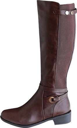 Generic Riding Boots Women Comfortable Stretch Biker Boot Stylish Round Toe Side Zipper Vintage Low Heeled Non Slip Pull On Mid Calf Boots Outdoor Walking