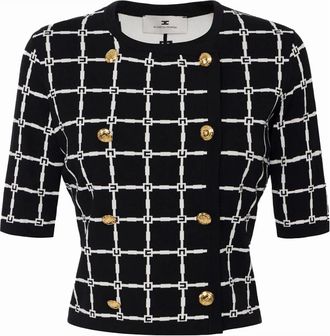 Elisabetta Franchi Truien & Vesten, Dames, Zwart, S, Jacquard Cardigan met Logo Motief