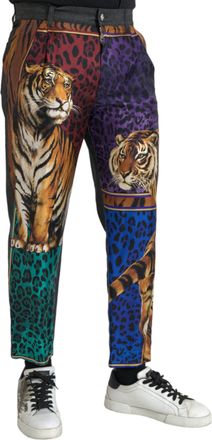 Dolce & Gabbana Mens Multicolor Tiger Leopard Cotton Loose Tapered Pants Silk Elastane