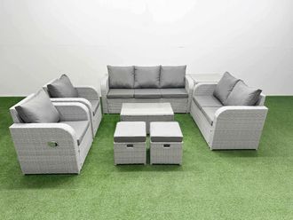 Fimous PE Rattan Garden Furniture Set Adjustable Chair Sofa Double Love Seat 2 Seater Sofa Lounge Set Oblong Coffee Table 2 Stools Side Table Light