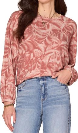 Democracy Long Sleeve Embroidered Scoop Neck Top In Mahogany Red