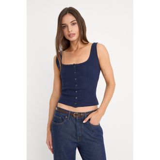 Good American Womens The Pointelle Button Down Tank Top | Horizon Ink, Size Medium | Good American by Khlo&Egrave; Kardashian