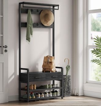 Vasagle Hall Tree with Fabric Drawers Shoe Storage & Hooks in Black
