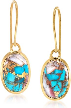 Ross-Simons Oval Kingman Turquoise Drop Earrings in 18kt Gold Over Sterling