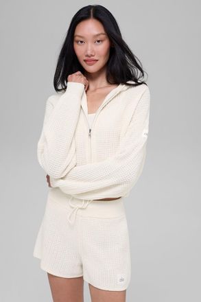 Alo | Cashmere Plush Waffle Full Zip Hoodie in Ivory White, Size: Medium