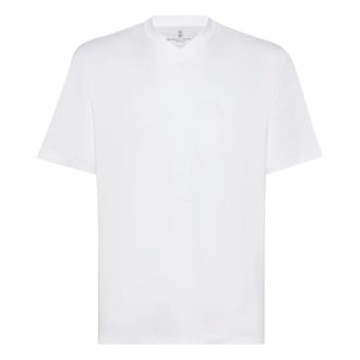 Brunello Cucinelli T-shirt met V-hals en korte mouwen - Heren - Tops - Wit - Maat: 2XS Katoen