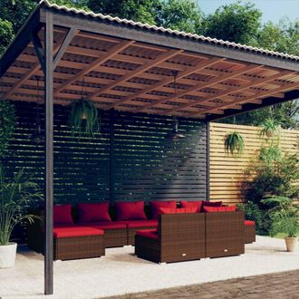 vidaXL Set Muebles De Jard&iacute;n 9 Piezas Y Cojines Rat&aacute;n Sint&eacute;tico Marr&oacute;n Vidaxl